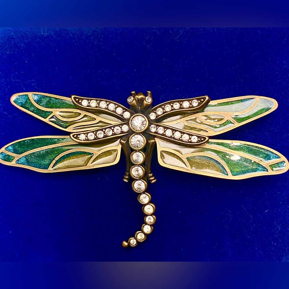 Kenneth Jay Lane Plique Au Jour Dragonfly Brooch with Clear Rhinestones